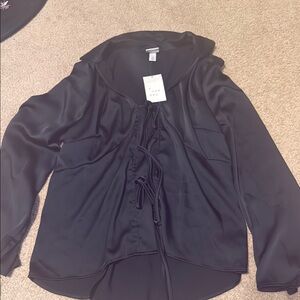 Black Satin Blouse with Tie Detail